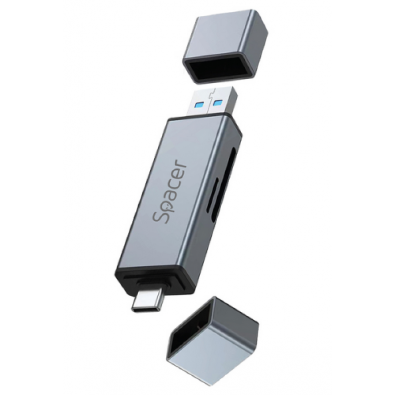 Card Reader extern SPACER, 4 in 1, interfata USB 2.0, USB Type C, citeste/scrie: SD, micro SD, extraconectori mama USB si Type-C, aluminiu [1]