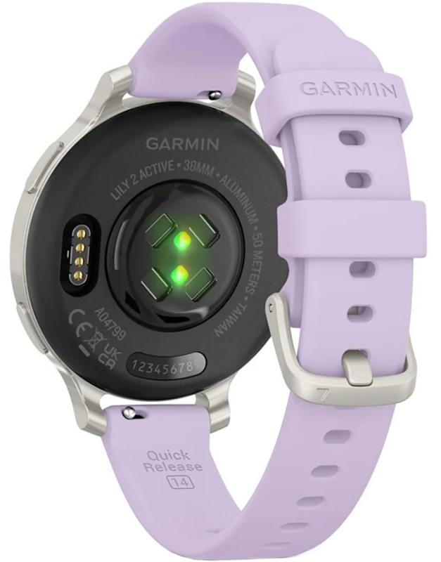 Ceas Garmin Lily 2 Active, display AMOLED, dimensiune afisaj 25,4 mm x 21,3 mm, rezolutie afisaj 240 x 201 pixeli, memorie 8GB, autonomie pana la 9 zile, rezistanta la apa pana la 5 ATM, greutate: 24,4g, ramă Argintiu, şi curea Purple Jasmine din silicon [3]