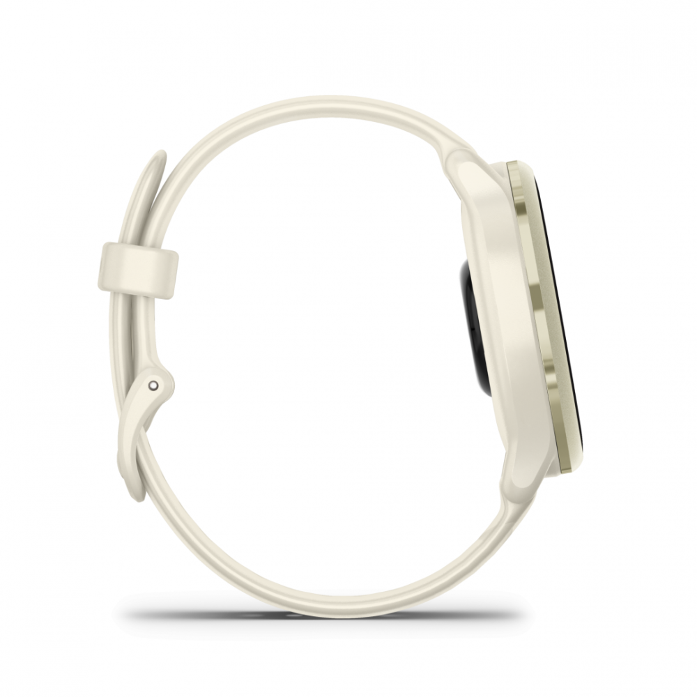 Ceas Garmin vívoactive 6 display AMOLED, dimensiune afisaj 30.4 mm, rezolutie afisaj  390 x 390 pixeli, memorie 8GB, autonomie până la 11 zile (5 zile cu afişajul permanent pornit), rezistanta la apa pana la 5 ATM, greutate: 23g, ramă Lunar Gold cu curea Bone, carcasă Light Sand şi curea din silicon [2]