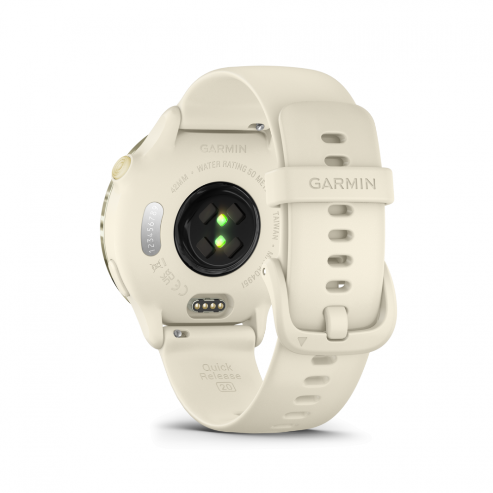 Ceas Garmin vívoactive 6 display AMOLED, dimensiune afisaj 30.4 mm, rezolutie afisaj  390 x 390 pixeli, memorie 8GB, autonomie până la 11 zile (5 zile cu afişajul permanent pornit), rezistanta la apa pana la 5 ATM, greutate: 23g, ramă Lunar Gold cu curea Bone, carcasă Light Sand şi curea din silicon [3]
