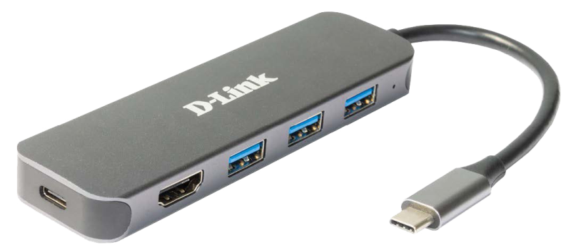 D-Link DUB-2333 5-in-1 USB-C Hub with HDMI and power delivery, 1* USB-C connector, 1* HDMI Port, 3* USB Type- APort (USB 3.0), 1* USB-C powerdelivery. [1]