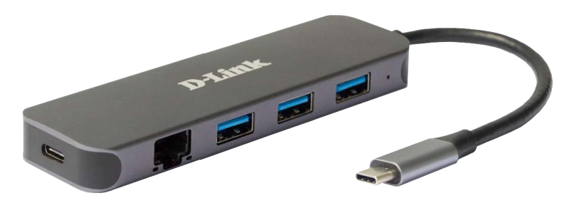 D-Link DUB-2334 5-in-1 USB-C Hub with Gigabit Ethernet and power delivery, 1* USB-C connector, 1* Gigabit Ethernet, 3* USB Type- APort (USB 3.0), 1* USB-C powerdelivery. [1]