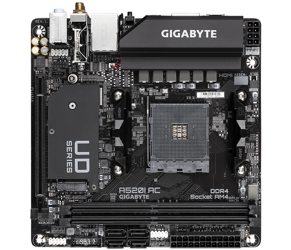 GIGABYTE A520I AC Motherboard - Supports AMD Ryzen 5000 Series AM4 CPUs, 6 Phases Digital VRM, up to 5300MHz DDR4 (OC), 1xPCIe 3.0 M.2, WIFI, GbE LAN, USB 3.2 Gen1 [2]