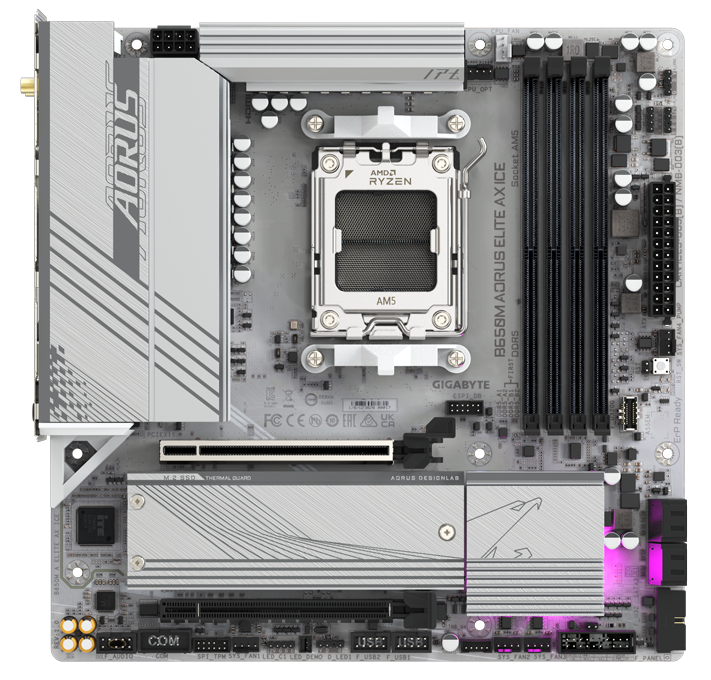 GIGABYTE B650M AORUS ELITE AX ICE Motherboard - AMD Ryzen 9000 Series CPUs, 12+2+2 Phases VRM, up to 8000MHz DDR5 (OC), 1xPCIe 5.0 + 1xPCIe 4.0 M.2, 2.5GbE LAN, WIFI 6E, USB 3.2 Gen 2x2 [2]