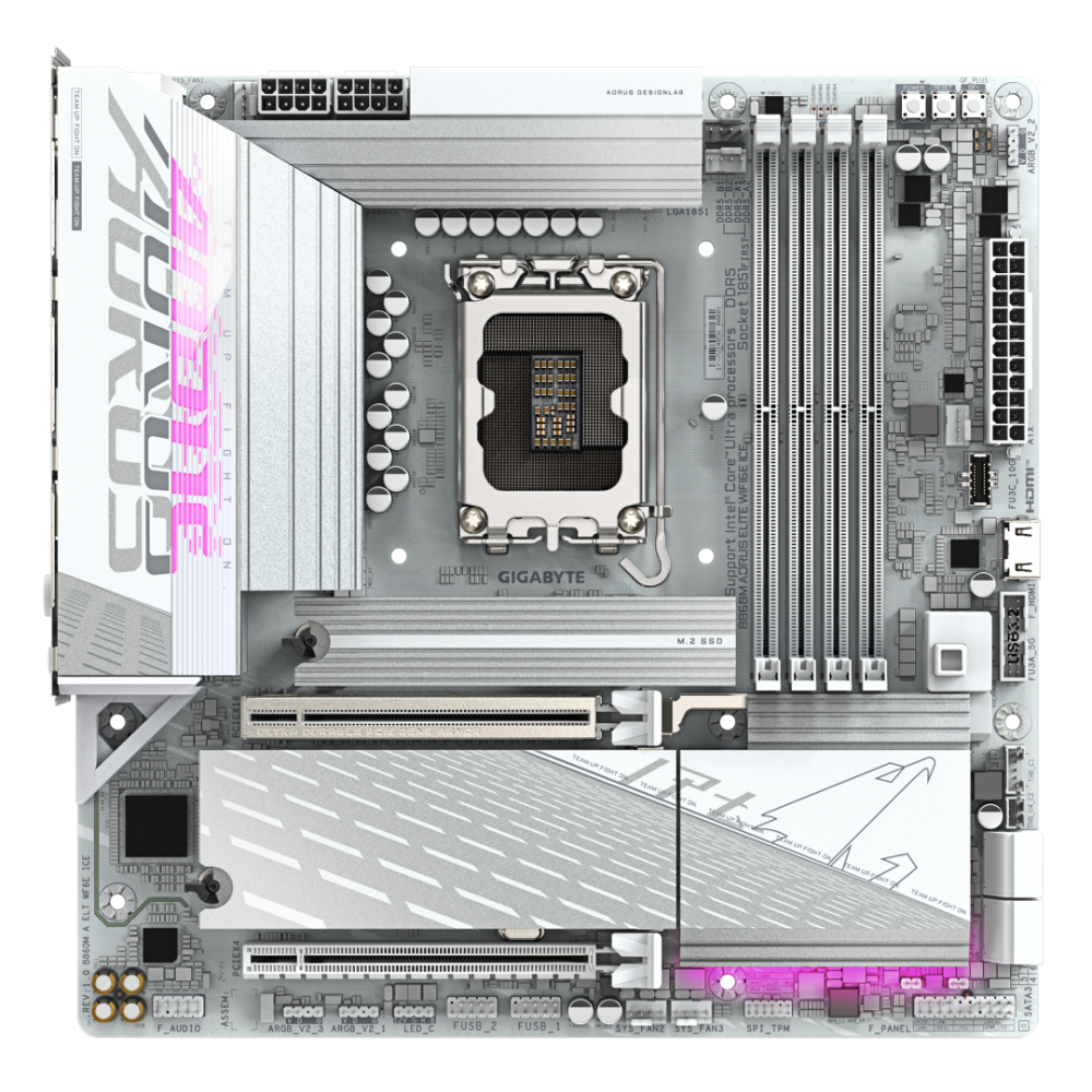 GIGABYTE B860M AORUS ELITE WF6E ICE Motherboard - Intel Core Ultra Series CPUs, 12+1+2+1 Phases VRM, up to 9200MHz DDR5, 1xPCIe 5.0 + 2xPCIe 4.0 M.2, 2.5GbE LAN, WIFI 6E, USB 4 [2]