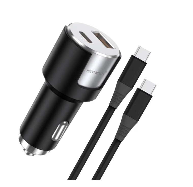 Incarcator auto Lemontti Fast Charge 1 x port PD Type-C 20W + 1 x port USB-A QC 3.0 18W cu cablu Type-C la Type-C 20W, lungime 1m, Negru/Argintiu [1]