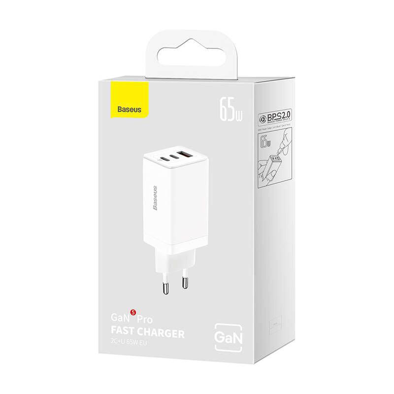 Incarcator retea Baseus GaN5 PRO, Quick Charge 65W, 2 porturi USB PD, 1 port USB Quick Charge, include cablu USB -C la USB-C de 100W, lungime 1m, alb [4]