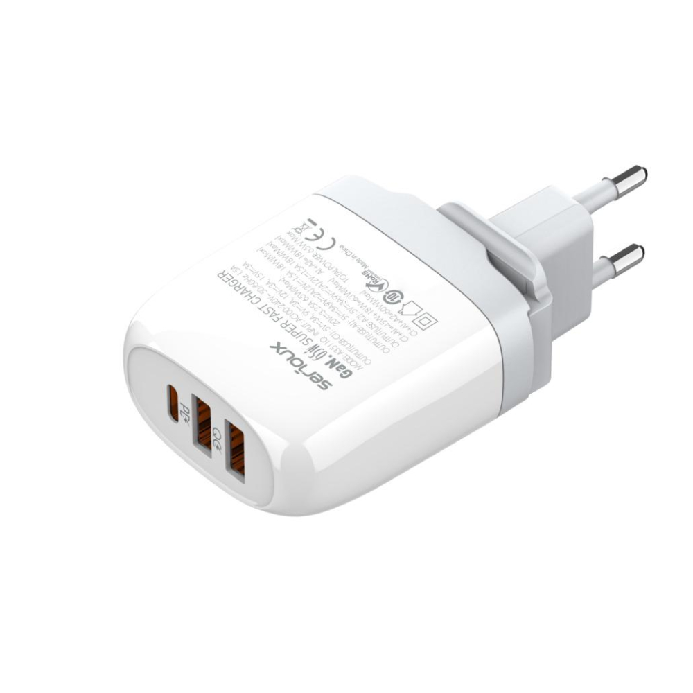 Incarcator retea Serioux 65W GAN QC, Intrare: AC100-240V~ 50/60Hz 1.5A, Ieșire (USB-C1): 5V-3A 9V-3A 12V-3A 15V-3A 20V=3.25A 65W(Max), Ieșire (USB-A1): 5V-3A 9V-2A 12V=1.5A 18W(Max), Ieșire (USB-A2): 5V-3A 9V-2A 12V 1.5A 18W(Max), A1+A2=18W(Max), C1+A1=45W+18W=63W(Max),  C1+A1+A2= 60W(Max), Total  [3]