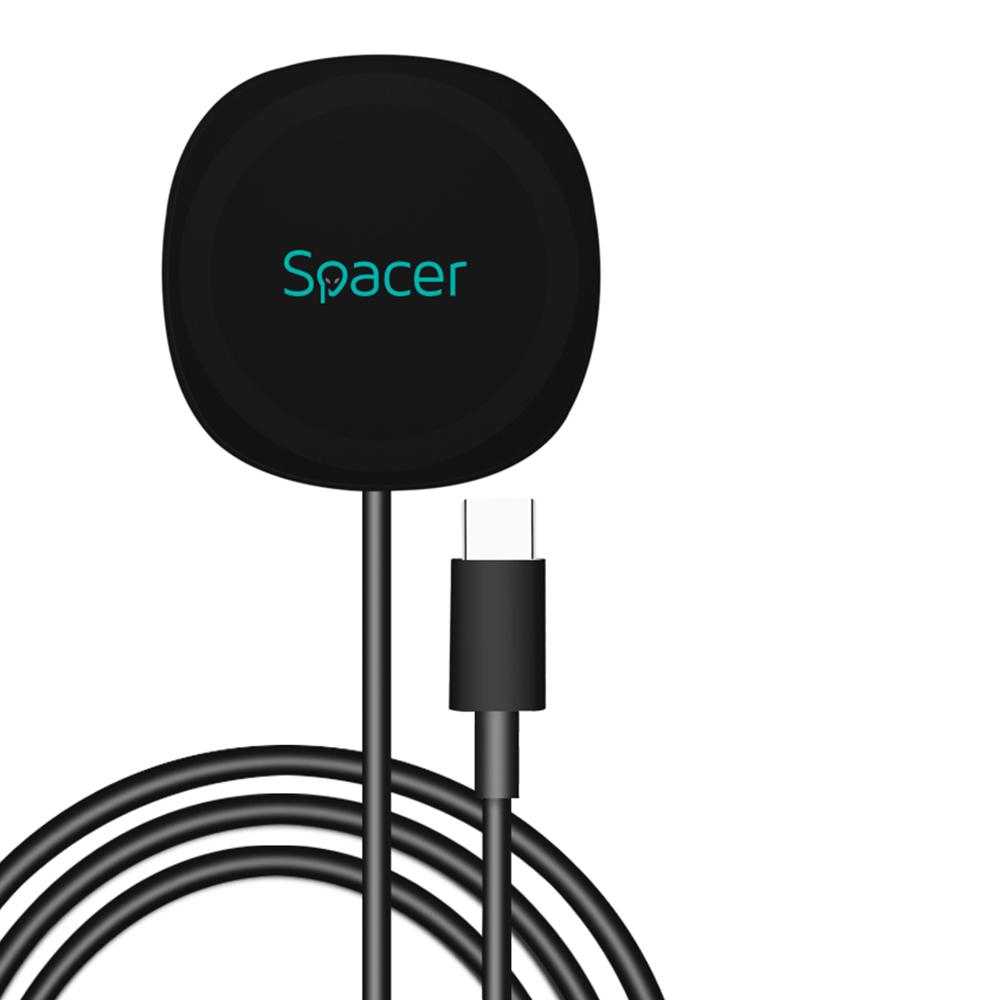 Incarcator wireless Spacer, Quick Charge 15W Qi, conector Type-C, rol de stand prin prindere magnetica, negru [1]