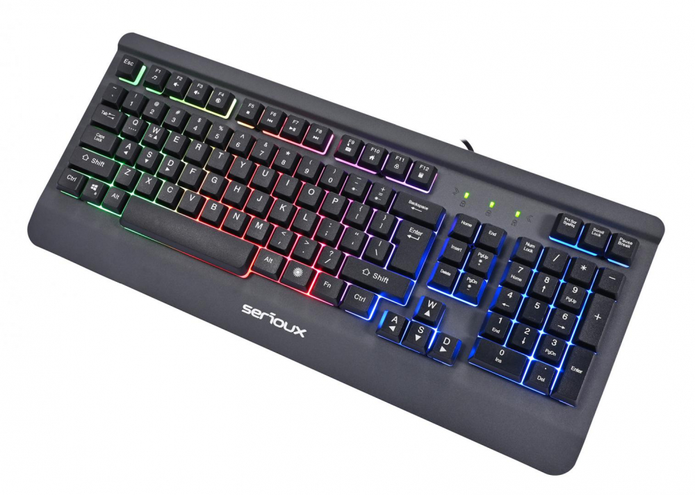 Kit Gaming Serioux Kayel 4 in 1, Tastatura de gaming, 104 taste, 19 taste Anti-ghosting , design slim, iluminare rainbow, structura metalica gri, taste negre + design cu palm rest, cablu USB 1.5M PVC, [4]