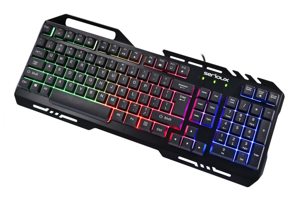 Kit Gaming Serioux Tobis 3 in 1, Tastatura de gaming, 104 taste, 7 taste Anti-ghosting, design slim, iluminare rainbow, structura metalica + taste negre, suport telefon, cablu USB 1.5M PVC, plug and play, Mouse gaming, senzor Sunplus 192, 1000-6400 DPI, switch HUANO, pana la 20 milioane de [8]