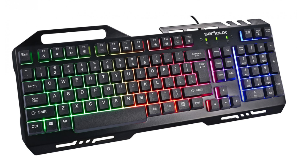 Kit Gaming Serioux Tobis 3 in 1, Tastatura de gaming, 104 taste, 7 taste Anti-ghosting, design slim, iluminare rainbow, structura metalica + taste negre, suport telefon, cablu USB 1.5M PVC, plug and play, Mouse gaming, senzor Sunplus 192, 1000-6400 DPI, switch HUANO, pana la 20 milioane de [7]