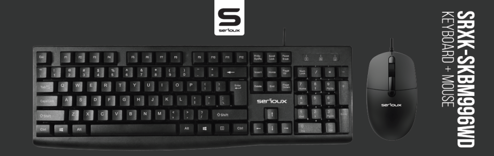 Kit Serioux cu fir, Tastatura: interfata USB, 104 taste, material ABS, US layout, lungime cablu 1.5m PVC,  dimensiuni 440*159*25mm, negru, Mouse: interfata USB, 4 butoane, polling rate 125 Hz, rezolutie DPI 1000, lungime cablu 1.5m PVC, dimensiuni 109*61*37mm, negru [3]