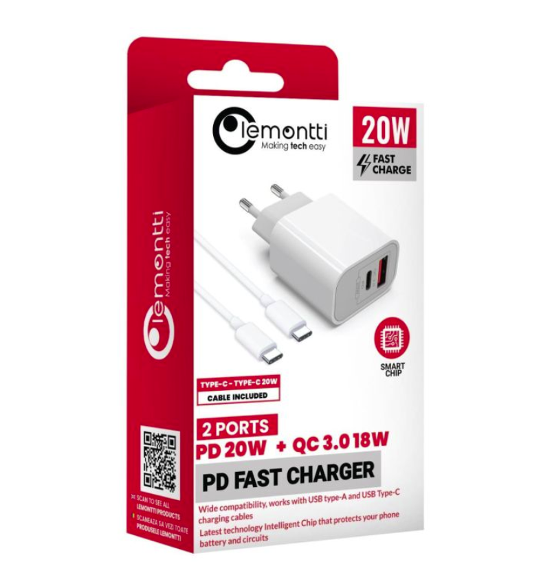 Lemontti Set Incarcator Retea Fast Charge 20W 1 x PD Type-C + 1 x USB-A Quick Charge 3.0 si cablu Type-C-Type-C 20W 1m Alb [3]