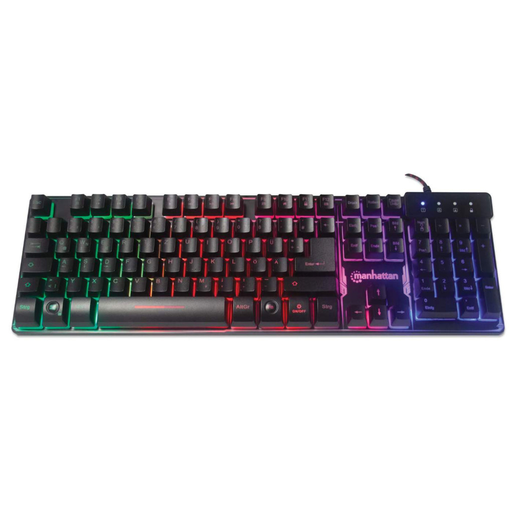 Manhattan Gaming USB Keyboard, Metal Base Edition, 12 Function Keys, Rainbow-LED Backlighting, 19 Anti-Ghost Key Caps, IPX4 (Splashproof) Rating, USB-A, Black, Retail Box (German layout) [7]