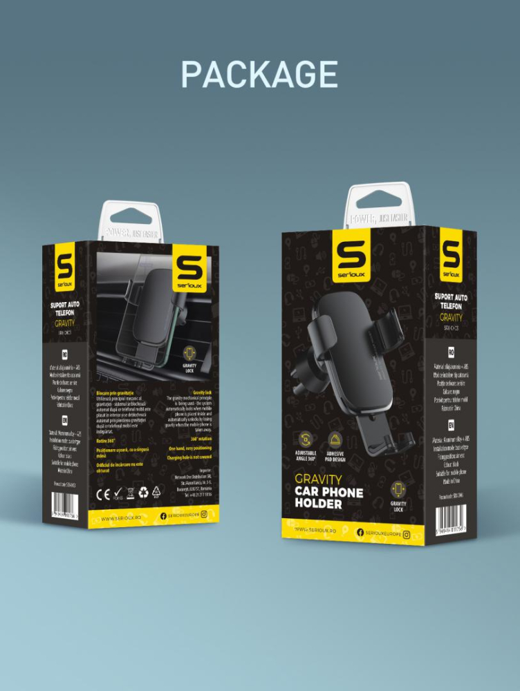 Suport auto telefon Gravity Serioux CH03, Material: ABS+ aluminium, mod de instalare: tip cataramă, poziție de fixare: aerisire, culoare: negru, potrivit pentru: telefon mobil [10]