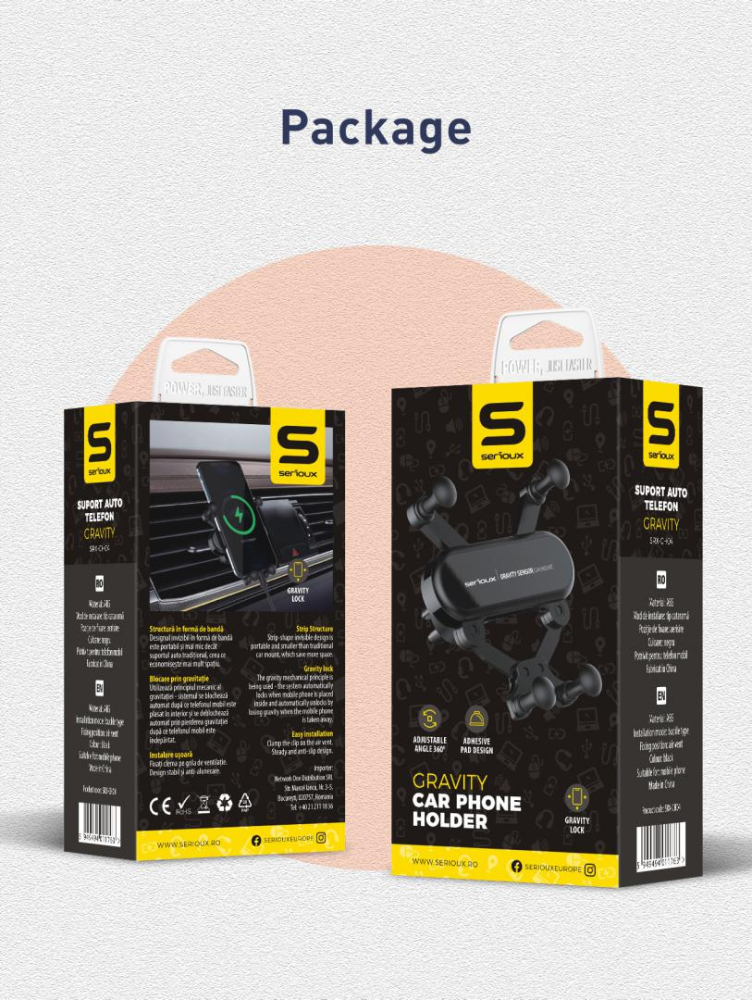 Suport auto telefon Gravity Serioux CH04,  Material: ABS, Mod de instalare: tip cataramă, poziție fixă: aerisire, culoare: negru, potrivit pentru: telefon mobil [15]