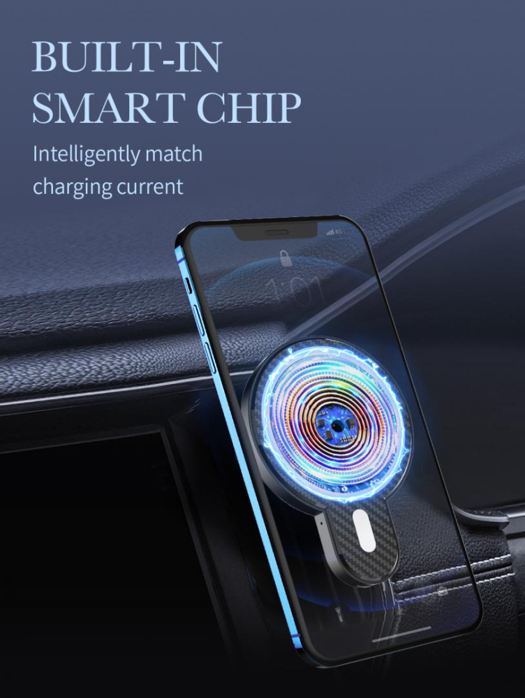 Suport Auto Telefon Serioux, cu incarcare Wireless 15W, compatibil MagSafe, prindere grila ventilatie, Intrare: 5V=2A 9V=2A, Ieșire: 5W 7.5W 10W 15W(Max), Dimensiuni: 61*84*71mm [5]