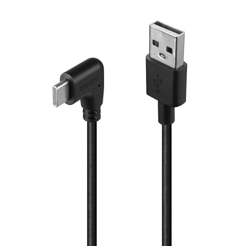 Cabluri Video - Cablu Lindy USB C 2 90°, lungime 1m, putere maxima 15W, latime de banda suportata 480Mbps, negru