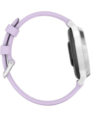 Ceas Garmin Lily 2 Active, display AMOLED, dimensiune afisaj 25,4 mm x 21,3 mm, rezolutie afisaj 240 x 201 pixeli, memorie 8GB, autonomie pana la 9 zile, rezistanta la apa pana la 5 ATM, greutate: 24,4g, ramă Argintiu, şi curea Purple Jasmine din silicon [1]