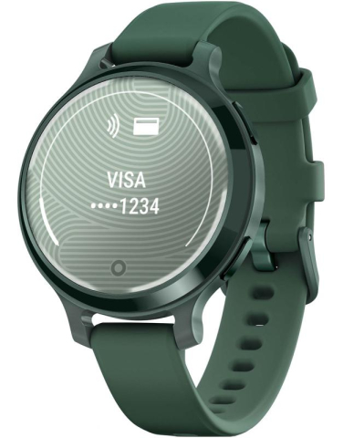 SmartWatch - Ceas Garmin Lily 2 Active, display AMOLED, dimensiune afisaj 25,4 mm x 21,3 mm,rezolutie afisaj 240 x 201 pixeli, memorie 8GB, autonomie pana la 9 zile, rezistanta la apa pana la 5 ATM, greutate: 24,4g, ramă Jasper Green şi curea Jasper Green din silicon