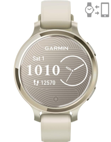 SmartWatch - Ceas Garmin Lily 2 Active, display AMOLED, dimensiune afisaj 25,4 mm x 21,3 mm, rezolutie afisaj 240 x 201 pixeli, memorie 8GB, autonomie pana la 9 zile, rezistanta la apa pana la 5 ATM, greutate: 24,4g, ramă MLunar Glod şi curea Bone din silicon