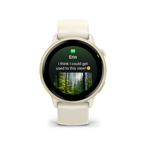 Ceas Garmin vívoactive 6 display AMOLED, dimensiune afisaj 30.4 mm, rezolutie afisaj  390 x 390 pixeli, memorie 8GB, autonomie până la 11 zile (5 zile cu afişajul permanent pornit), rezistanta la apa pana la 5 ATM, greutate: 23g, ramă Lunar Gold cu curea Bone, carcasă Light Sand şi curea din silicon [3]