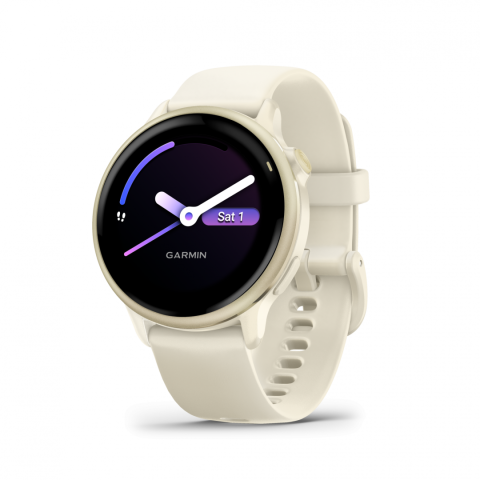 Ceas Garmin vívoactive 6 display AMOLED, dimensiune afisaj 30.4 mm, rezolutie afisaj  390 x 390 pixeli, memorie 8GB, autonomie până la 11 zile (5 zile cu afişajul permanent pornit), rezistanta la apa pana la 5 ATM, greutate: 23g, ramă Lunar Gold cu curea Bone, carcasă Light Sand şi curea din silicon [0]