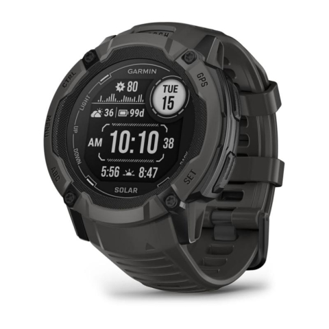 SmartWatch - Garmin Instinct 2X Solar. Display diagonal: 2.79 cm (1.1"), Display technology: MIP, Display resolution: 176 x 176 pixels, Touchscreen. GPS (satellite). Weight: 67 g. Band material: Silicone, Band colour: Graphite, Band size: One Size