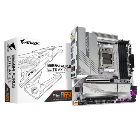 Placi de baza - GIGABYTE B650M AORUS ELITE AX ICE Motherboard - AMD Ryzen 9000 Series CPUs, 12+2+2 Phases VRM, up to 8000MHz DDR5 (OC), 1xPCIe 5.0 + 1xPCIe 4.0 M.2, 2.5GbE LAN, WIFI 6E, USB 3.2 Gen 2x2