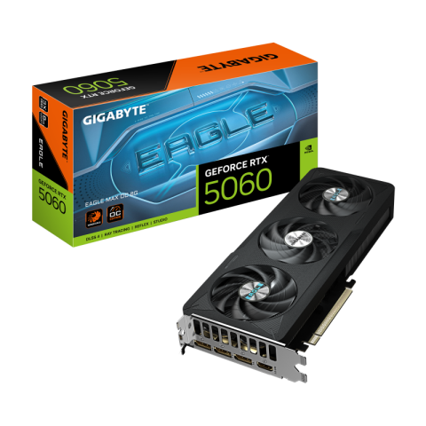 Componente PC - GIGABYTE GeForce RTX 5060 EAGLE MAX OC 8G Graphics Card - 8GB GDDR7, 128bit, PCI-E 5.0, 2550 MHz Core Clock, 3 x DisplayPort, 1 x HDMI, NVIDIA DLSS 4, GV-N5060EAGLEMAX OC-8GD 1.0