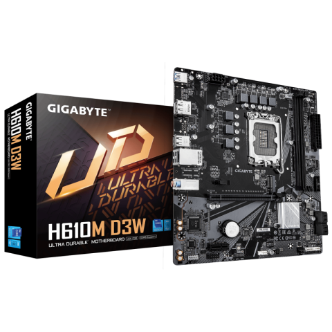 Componente PC - GIGABYTE H610M D3W Motherboard - Supports 14th Gen. Intel Core CPUs, 5+1+1 phases VRM, up to 5600MHz DDR5, 1xPCIe 3.0 M.2, 1GbE LAN, USB 3.2 Gen 1