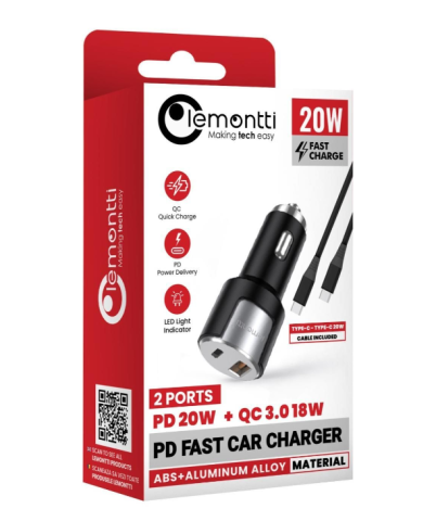 Incarcator auto Lemontti Fast Charge 1 x port PD Type-C 20W + 1 x port USB-A QC 3.0 18W cu cablu Type-C la Type-C 20W, lungime 1m, Negru/Argintiu [1]