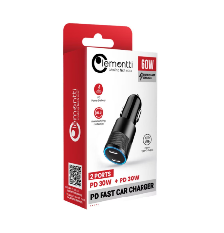 Incarcator auto Lemontti fast Charge Type-C PD,60W, USB-C 30W, USB-C 30W, incarcare rapida pe ambele porturi, intrare: DC 12V-24V, iesire: C1 5V/3A, 9V/3A, 12V/2.5A, iesire: C2  5V/3A, 9V/3A, 12V/2.5ANegru [1]