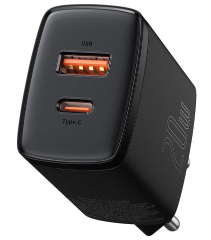 Incarcator retea Baseus Compact, Quick Charge 20W, 1 x USB Type-C 5V/3A max, 1 x USB 5V/3A, negru [3]