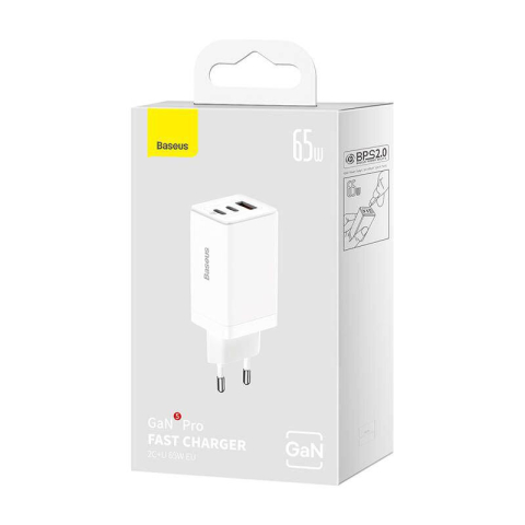 Incarcator retea Baseus GaN5 PRO, Quick Charge 65W, 2 porturi USB PD, 1 port USB Quick Charge, include cablu USB -C la USB-C de 100W, lungime 1m, alb [3]