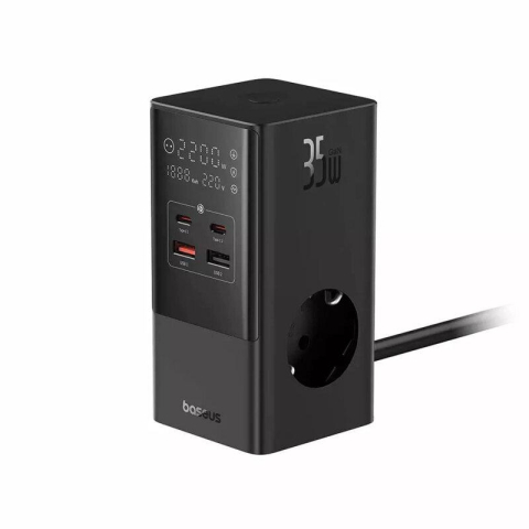 Incarcator retea Baseus PowerCombo Tower Digital Powerstrip, Quick charge 35W, 4 porturi iesire, lungime cablu 1.5m, negru [2]