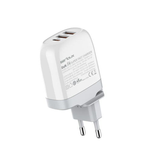 Incarcatoare telefoane - Incarcator retea Serioux 65W GAN QC, Intrare: AC100-240V~ 50/60Hz 1.5A, Ieșire (USB-C1): 5V-3A 9V-3A 12V-3A 15V-3A 20V=3.25A 65W(Max), Ieșire (USB-A1): 5V-3A 9V-2A 12V=1.5A 18W(Max), Ieșire (USB-A2): 5V-3A 9V-2A 12V 1.5A 18W(Max), A1+A2=18W(Max), C1+A1=45W+18W=63W(Max),  C1+A1+A2= 60W(Max), Total 