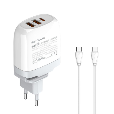 Incarcator retea Serioux 65W GAN QC, Intrare: AC100-240V~ 50/60Hz 1.5A, Ieșire (USB-C1): 5V-3A 9V-3A 12V-3A 15V-3A 20V=3.25A 65W(Max), Ieșire (USB-A1): 5V-3A 9V-2A 12V=1.5A 18W(Max), Ieșire (USB-A2): 5V-3A 9V-2A 12V 1.5A 18W(Max), A1+A2=18W(Max), C1+A1=45W+18W=63W(Max),  C1+A1+A2= 60W(Max), Total  [1]