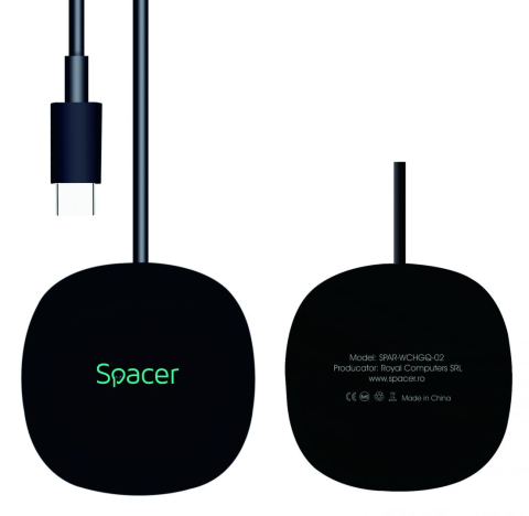 Incarcator wireless Spacer, Quick Charge 15W Qi, conector Type-C, rol de stand prin prindere magnetica, negru [2]