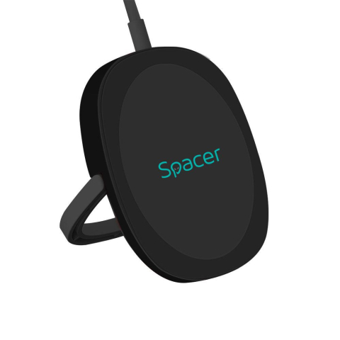 Incarcator wireless Spacer, Quick Charge 15W Qi, conector Type-C, rol de stand prin prindere magnetica, negru [1]