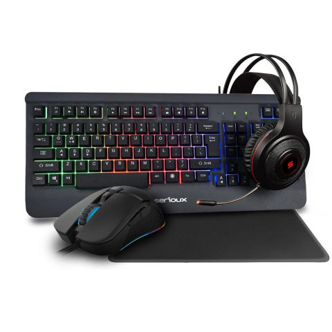 Kit Tastatura Mouse - Kit Gaming Serioux Kayel 4 in 1, Tastatura de gaming, 104 taste, 19 taste Anti-ghosting , design slim, iluminare rainbow, structura metalica gri, taste negre + design cu palm rest, cablu USB 1.5M PVC, plug and play, Mouse gaming, senzor Sunplus 199, 800-6400 DPI, switch HUANO, pana la 20 milioane de