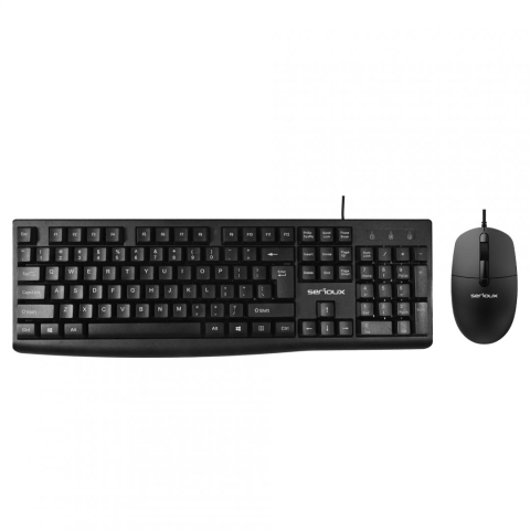 Kit Tastatura Mouse - Kit Serioux cu fir, Tastatura: interfata USB, 104 taste, material ABS, US layout, lungime cablu 1.5m PVC,  dimensiuni 440*159*25mm, negru, Mouse: interfata USB, 4 butoane, polling rate 125 Hz, rezolutie DPI 1000, lungime cablu 1.5m PVC, dimensiuni 109*61*37mm, negru