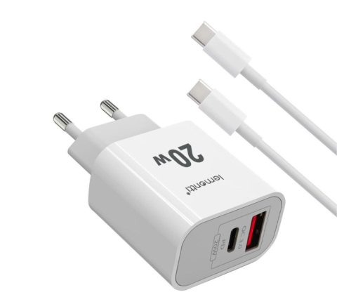 Incarcatoare telefoane - Lemontti Set Incarcator Retea Fast Charge 20W 1 x PD Type-C + 1 x USB-A Quick Charge 3.0 si cablu Type-C-Type-C 20W 1m Alb