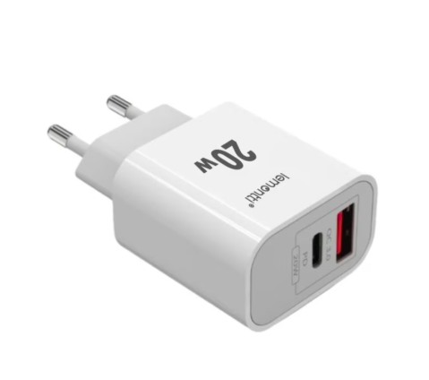 Lemontti Set Incarcator Retea Fast Charge 20W 1 x PD Type-C + 1 x USB-A Quick Charge 3.0 si cablu Type-C-Type-C 20W 1m Alb [1]