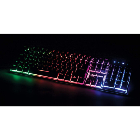 Manhattan Gaming USB Keyboard, Metal Base Edition, 12 Function Keys, Rainbow-LED Backlighting, 19 Anti-Ghost Key Caps, IPX4 (Splashproof) Rating, USB-A, Black, Retail Box (German layout) [5]