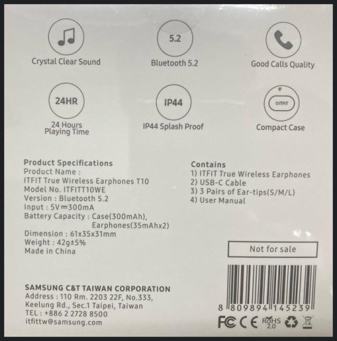 Samsung ITFIT True Wireless In-Ear Buds T10 White (BT5.2, IP44, 24Hrs autonomy, USB-C cable, S/M/L eartips) (garantie doar la NOD) [1]