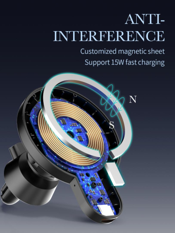 Suport Auto Telefon Serioux, cu incarcare Wireless 15W, compatibil MagSafe, prindere grila ventilatie, Intrare: 5V=2A 9V=2A, Ieșire: 5W 7.5W 10W 15W(Max), Dimensiuni: 61*84*71mm [3]