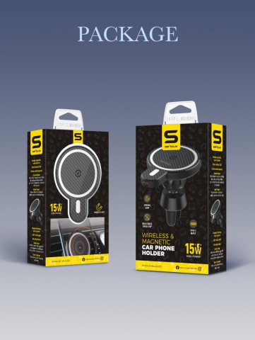 Suport Auto Telefon Serioux, cu incarcare Wireless 15W, compatibil MagSafe, prindere grila ventilatie, Intrare: 5V=2A 9V=2A, Ieșire: 5W 7.5W 10W 15W(Max), Dimensiuni: 61*84*71mm [14]