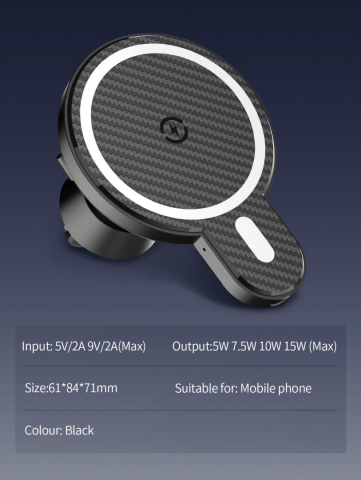 Suport Auto Telefon Serioux, cu incarcare Wireless 15W, compatibil MagSafe, prindere grila ventilatie, Intrare: 5V=2A 9V=2A, Ieșire: 5W 7.5W 10W 15W(Max), Dimensiuni: 61*84*71mm [13]